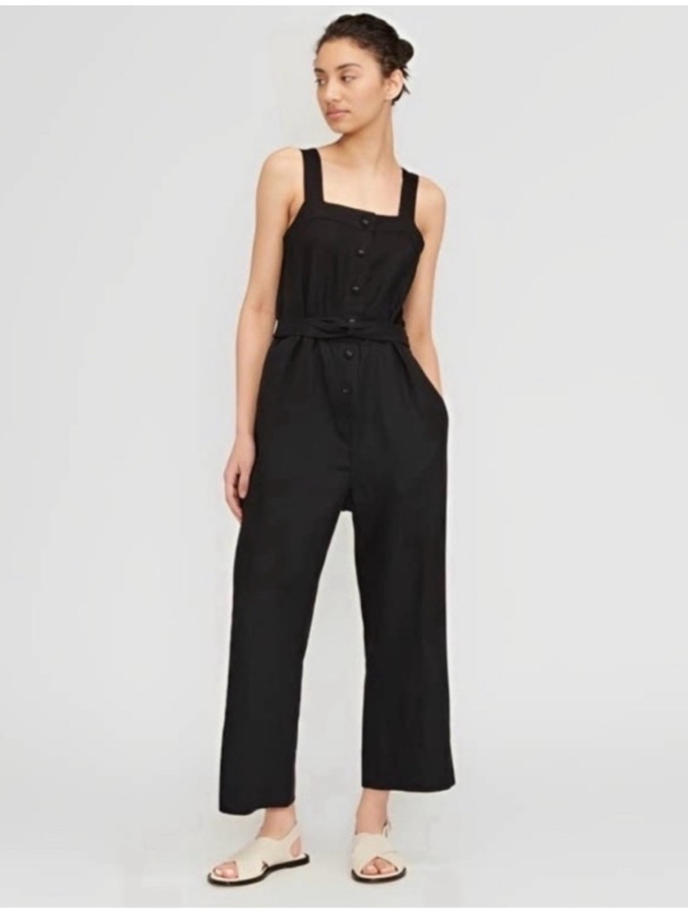 Everlane Black Button-Front Wide-Leg Jumpsuit with Tie